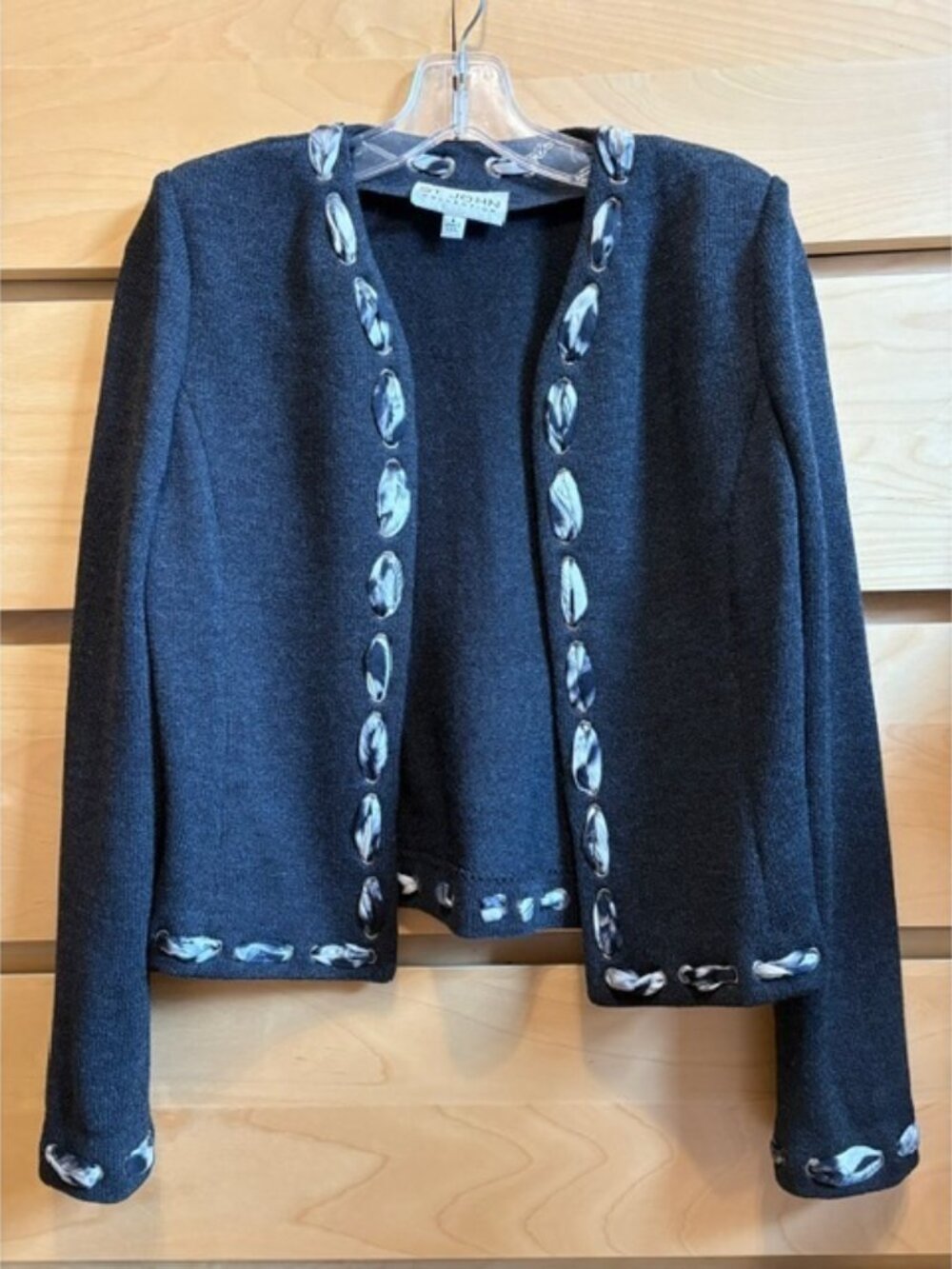 LIKE NEW St. John Collection Silk Ribbon Trimmed Charcoal Knit Jacket, Size: 4 - Picture 1 of 5